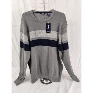 Izod Men XL Striped Sweater‎ Pullover Logo Grey Blue Cotton Preppy Nwt